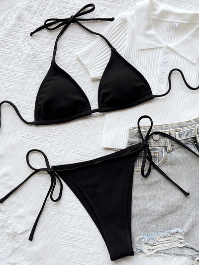 Novi rebrasti Micro Tiny bikini Ženski Bandage String kupaći kostim Ženski kupaći kostim Dvodijelni bikini komplet Halter Bather kupaći kostim Swim