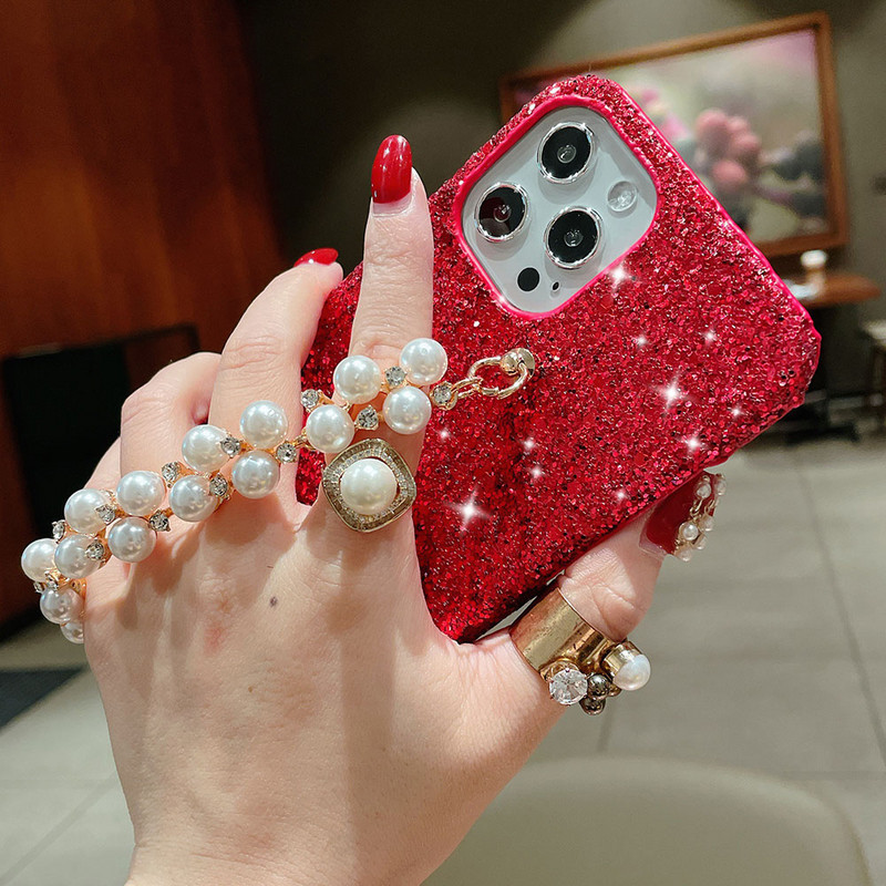 Για iPhone 12 Pro Max 11Pro Θήκες Glitter Pearl Chain θήκη τηλεφώνου για iPhone XR XS Max 7 8 6 6s Plus X Σκληρό κάλυμμα καρπού