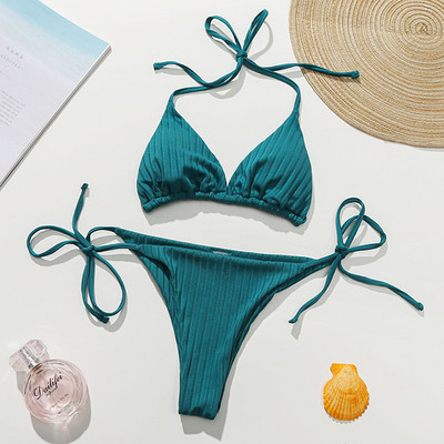 Novi seksi bikini s rebrastim halterima s mikro tangama Ženski kupaći kostim Ženski kupaći kostim Dvodijelni komplet bikinija na užeta Kupaći kostim za plivanje