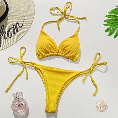 Novi seksi bikini s rebrastim halterima s mikro tangama Ženski kupaći kostim Ženski kupaći kostim Dvodijelni komplet bikinija na užeta Kupaći kostim za plivanje