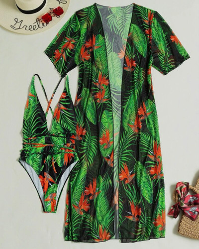 Pachet de 3 bikini cu șireturi cu model fluid, costum de baie tropical și kimono pentru femei, costum de baie sexy în trei piese, costum de baie de plajă 2023