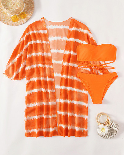 Pachet de 3 bikini cu șireturi cu model fluid, costum de baie tropical și kimono pentru femei, costum de baie sexy în trei piese, costum de baie de plajă 2023