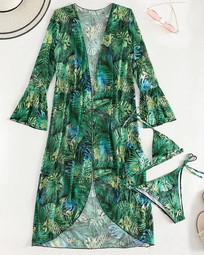 Pachet de 3 bikini cu șireturi cu model fluid, costum de baie tropical și kimono pentru femei, costum de baie sexy în trei piese, costum de baie de plajă 2023