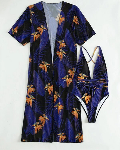 Pachet de 3 bikini cu șireturi cu model fluid, costum de baie tropical și kimono pentru femei, costum de baie sexy în trei piese, costum de baie de plajă 2023