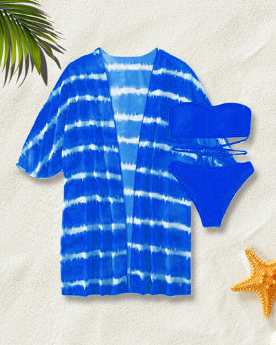 Pachet de 3 bikini cu șireturi cu model fluid, costum de baie tropical și kimono pentru femei, costum de baie sexy în trei piese, costum de baie de plajă 2023