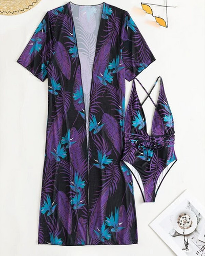 Pachet de 3 bikini cu șireturi cu model fluid, costum de baie tropical și kimono pentru femei, costum de baie sexy în trei piese, costum de baie de plajă 2023