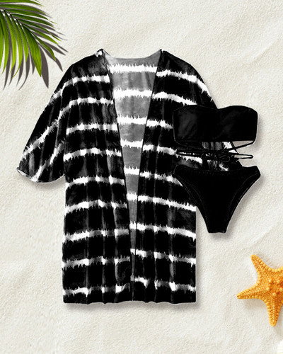 Pachet de 3 bikini cu șireturi cu model fluid, costum de baie tropical și kimono pentru femei, costum de baie sexy în trei piese, costum de baie de plajă 2023