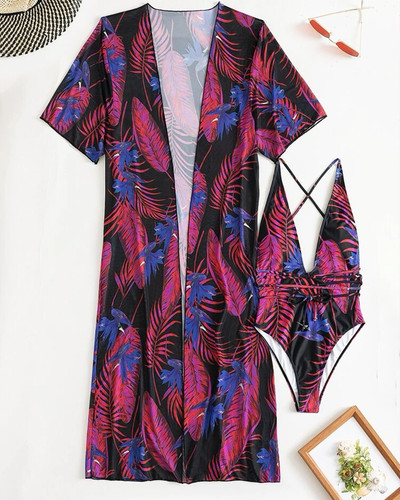 Pachet de 3 bikini cu șireturi cu model fluid, costum de baie tropical și kimono pentru femei, costum de baie sexy în trei piese, costum de baie de plajă 2023
