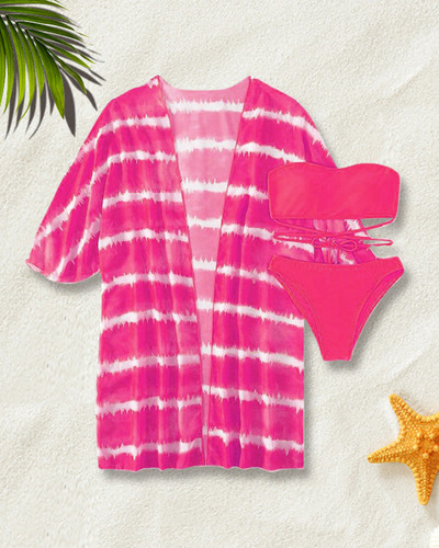 Pachet de 3 bikini cu șireturi cu model fluid, costum de baie tropical și kimono pentru femei, costum de baie sexy în trei piese, costum de baie de plajă 2023