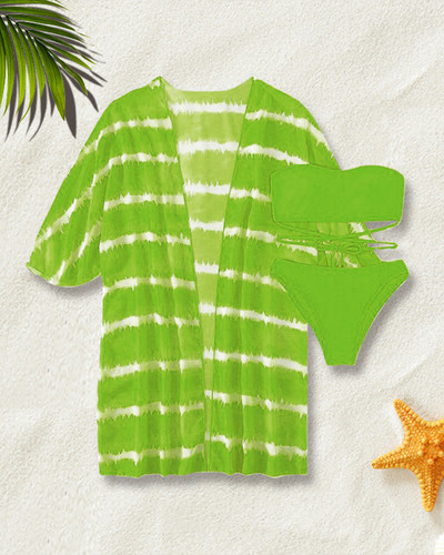 Pachet de 3 bikini cu șireturi cu model fluid, costum de baie tropical și kimono pentru femei, costum de baie sexy în trei piese, costum de baie de plajă 2023