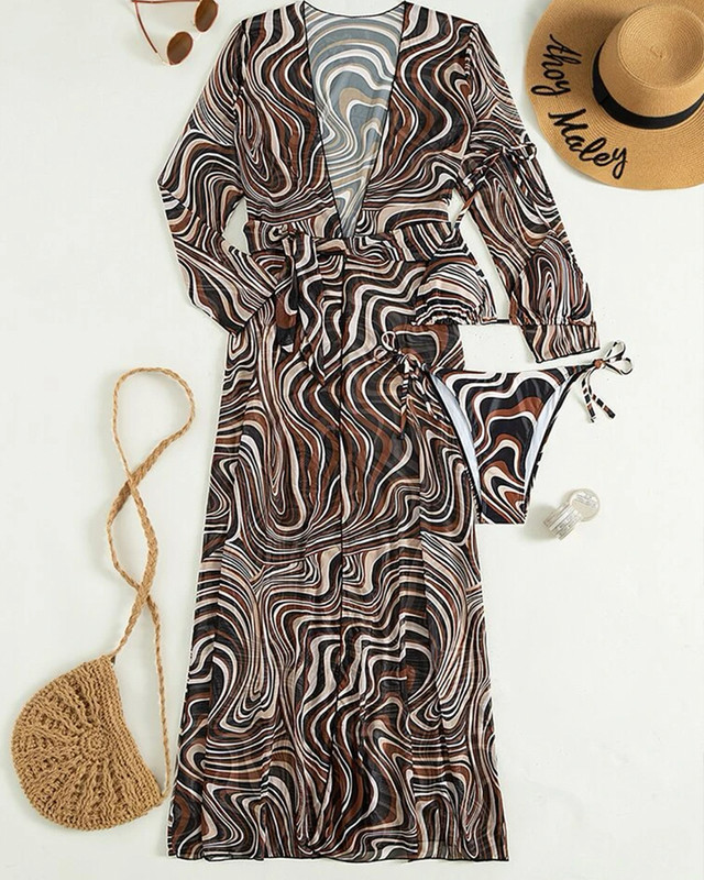 Pachet de 3 bikini cu șireturi cu model fluid, costum de baie tropical și kimono pentru femei, costum de baie sexy în trei piese, costum de baie de plajă 2023