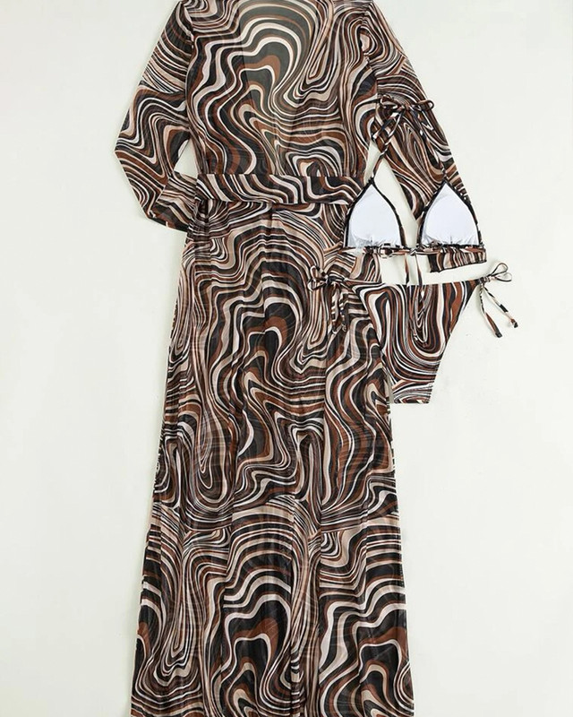 Pachet de 3 bikini cu șireturi cu model fluid, costum de baie tropical și kimono pentru femei, costum de baie sexy în trei piese, costum de baie de plajă 2023