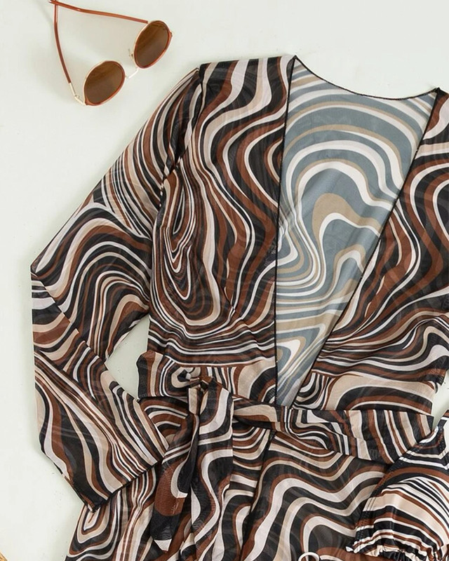 Pachet de 3 bikini cu șireturi cu model fluid, costum de baie tropical și kimono pentru femei, costum de baie sexy în trei piese, costum de baie de plajă 2023