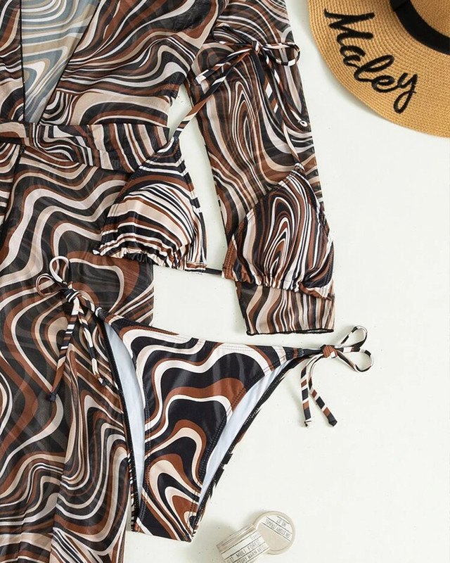 Pachet de 3 bikini cu șireturi cu model fluid, costum de baie tropical și kimono pentru femei, costum de baie sexy în trei piese, costum de baie de plajă 2023