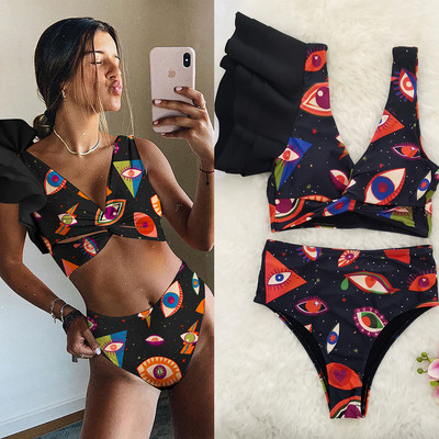 Novi seksi bikini s printom očiju Ženski kupaći kostim Ženski kupaći kostimi S volanima Komplet kupaćih kostima visokog struka za kupaće kostime