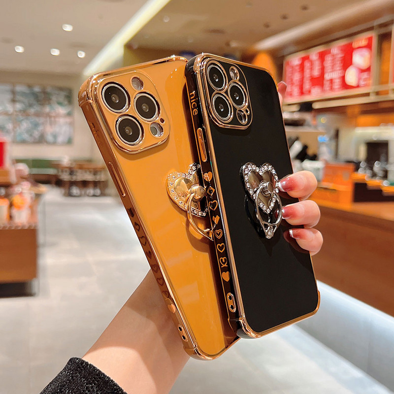 Husă de telefon de lux galvanizată pentru iphone 13 12 11 Pro MAX XS XR X SE 7 8 plus 13Mini Love cu diamant Suport pentru telefon Husă cu prindere inel