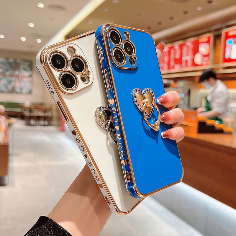 Husă de telefon de lux galvanizată pentru iphone 13 12 11 Pro MAX XS XR X SE 7 8 plus 13Mini Love cu diamant Suport pentru telefon Husă cu prindere inel