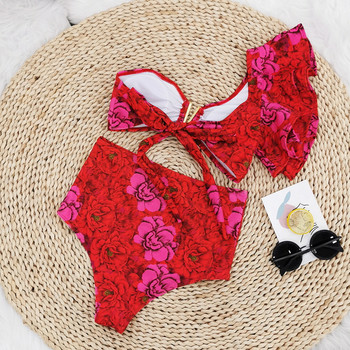 Hot Red Women One Ruffle Shoulder Sexy Bikini Set Girl Μαγιό Γυναικείο μπικίνι δύο τεμαχίων ψηλόμεσο