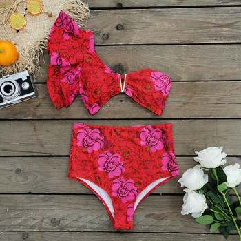 Hot Red Women One Ruffle Shoulder Sexy Bikini Set Girl Μαγιό Γυναικείο μπικίνι δύο τεμαχίων ψηλόμεσο