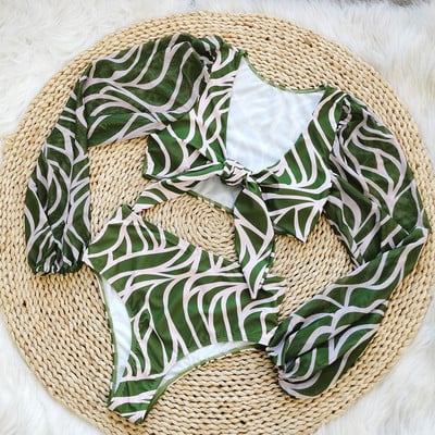 Ženski kupaći kostimi Dugi rukavi Bikini kupaći kostim visokog struka Odjeća za plažu Ljetni bikini s printom lišća