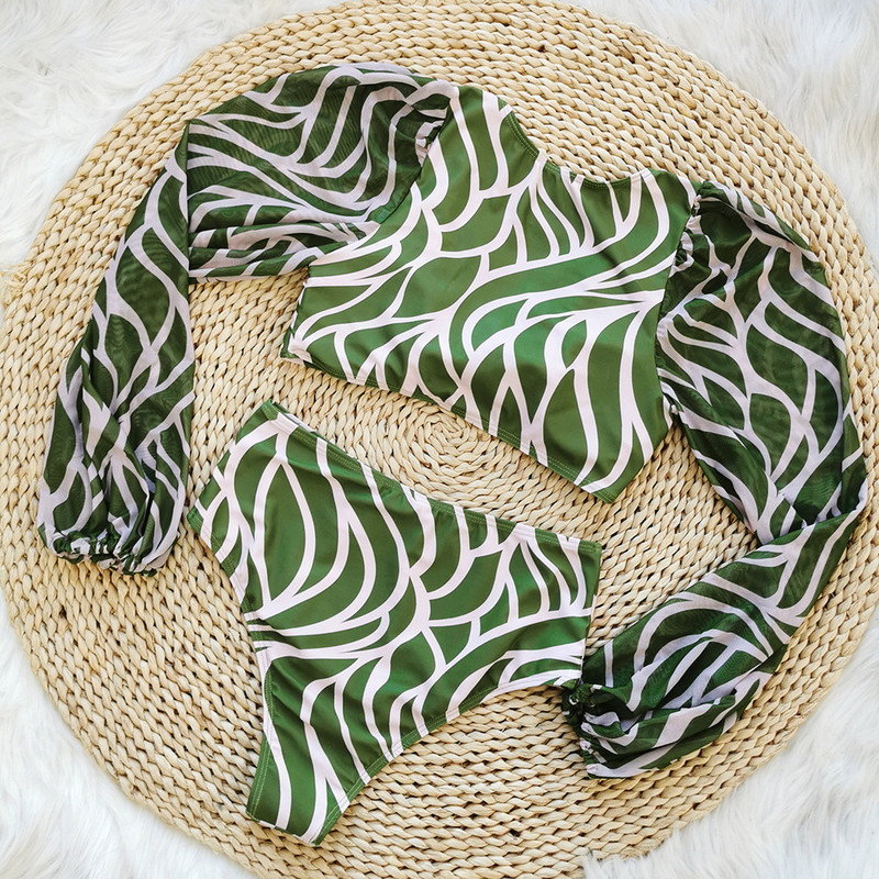 Ženski kupaći kostimi Dugi rukavi Bikini kupaći kostim visokog struka Odjeća za plažu Ljetni bikini s printom lišća