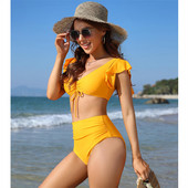 Ženski dvodijelni bikini set visokog struka s volanima na ramenima i trbuščićima za kontrolu dubokog V