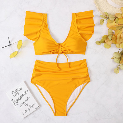 Ženski dvodijelni bikini set visokog struka s volanima na ramenima i trbuščićima za kontrolu dubokog V