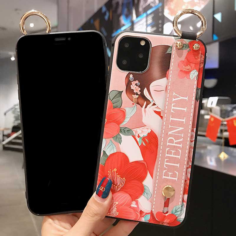 Θήκες με λουράκια καρπού για iphone 12 11 Pro Max Xs XR X Vintage Flower Soft Silicone Θήκη για τηλέφωνο για iphone 7 6 6S 8 plus