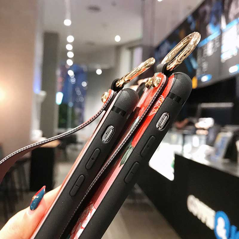 Θήκες με λουράκια καρπού για iphone 12 11 Pro Max Xs XR X Vintage Flower Soft Silicone Θήκη για τηλέφωνο για iphone 7 6 6S 8 plus