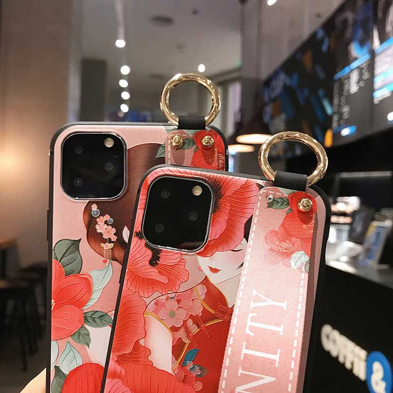 Θήκες με λουράκια καρπού για iphone 12 11 Pro Max Xs XR X Vintage Flower Soft Silicone Θήκη για τηλέφωνο για iphone 7 6 6S 8 plus