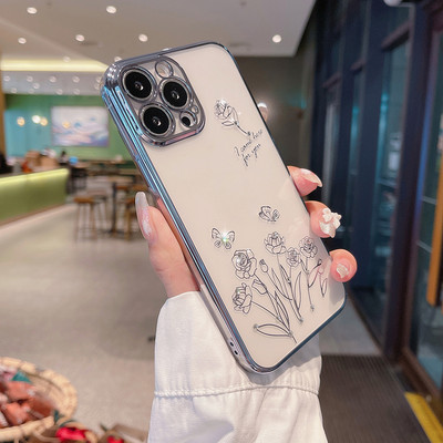 Θήκη τηλεφώνου Diamond Flower για iPhone 13 Pro Max 11 12 pro Max 12pro 13Pro 11Pro Πολυτελής επιμετάλλωση Διαφανές πίσω κάλυμμα