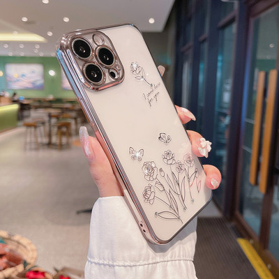 Θήκη τηλεφώνου Diamond Flower για iPhone 13 Pro Max 11 12 pro Max 12pro 13Pro 11Pro Πολυτελής επιμετάλλωση Διαφανές πίσω κάλυμμα