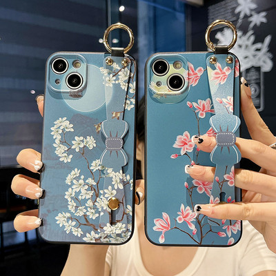 Калъф с лента за китка с лък за iPhone 13 12 11 Pro Max Xs Max XR 7 8 Plus SE Fashion Flower Silicone Protection Phone Holder Cover