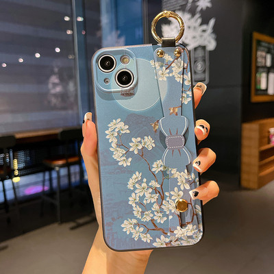Θήκη με λουρί καρπού φιόγκου για iPhone 13 12 11 Pro Max Xs Max XR 7 8 Plus SE Fashion Flower Προστασία θήκης τηλεφώνου από σιλικόνη