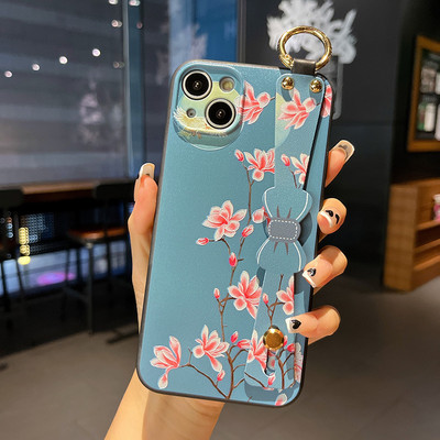 Θήκη με λουρί καρπού φιόγκου για iPhone 13 12 11 Pro Max Xs Max XR 7 8 Plus SE Fashion Flower Προστασία θήκης τηλεφώνου από σιλικόνη