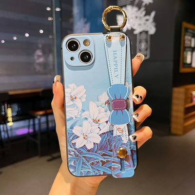 Θήκη με λουρί καρπού φιόγκου για iPhone 13 12 11 Pro Max Xs Max XR 7 8 Plus SE Fashion Flower Προστασία θήκης τηλεφώνου από σιλικόνη