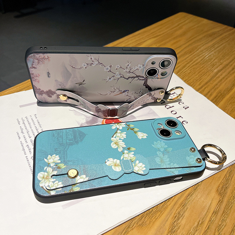 Θήκη με λουρί καρπού φιόγκου για iPhone 13 12 11 Pro Max Xs Max XR 7 8 Plus SE Fashion Flower Προστασία θήκης τηλεφώνου από σιλικόνη