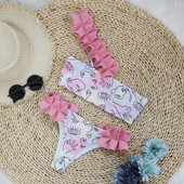 Ženski bikini set s geometrijskim uzorkom, jednodijelni mikro bikini kupaći kostim s ružičastim cvijetom i ramenima, ženski dvodijelni