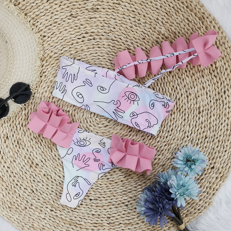 Ženski bikini set s geometrijskim uzorkom, jednodijelni mikro bikini kupaći kostim s ružičastim cvijetom i ramenima, ženski dvodijelni