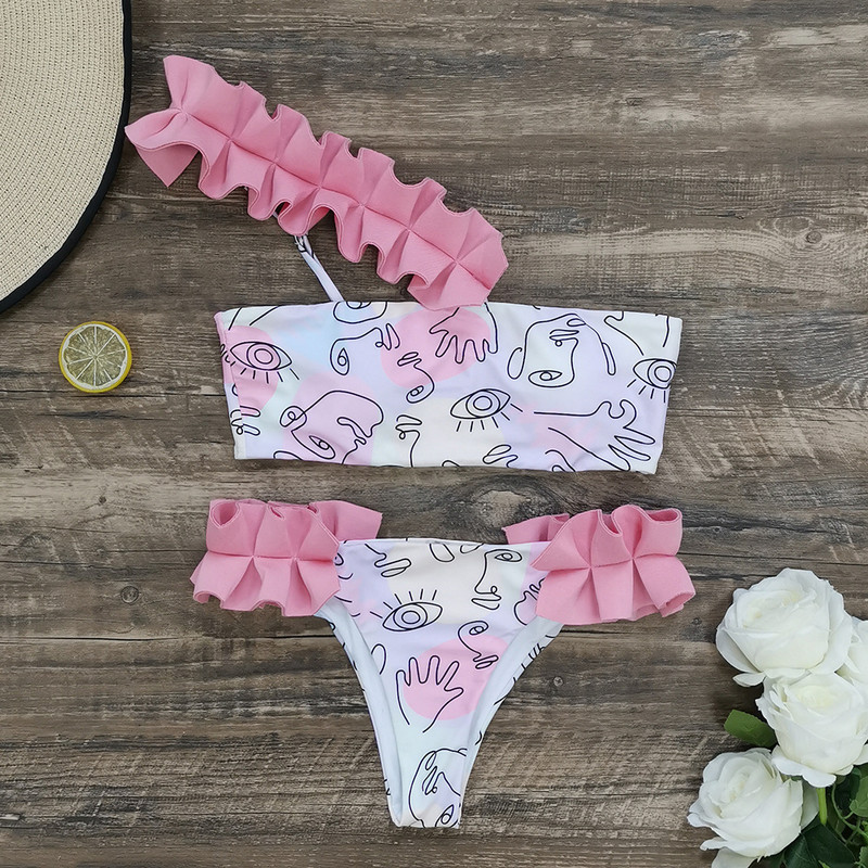 Ženski bikini set s geometrijskim uzorkom, jednodijelni mikro bikini kupaći kostim s ružičastim cvijetom i ramenima, ženski dvodijelni