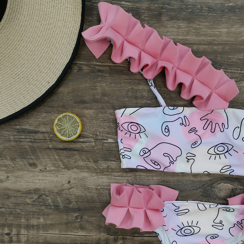 Ženski bikini set s geometrijskim uzorkom, jednodijelni mikro bikini kupaći kostim s ružičastim cvijetom i ramenima, ženski dvodijelni