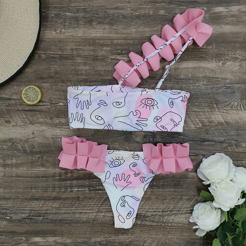 Ženski bikini set s geometrijskim uzorkom, jednodijelni mikro bikini kupaći kostim s ružičastim cvijetom i ramenima, ženski dvodijelni