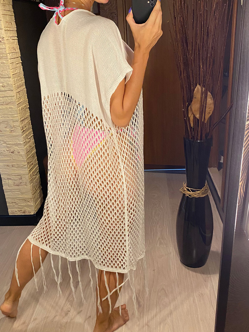 Pletena heklana tunika s izdubljenom ribljom mrežom s resama Prekrivanje za plažu Haljina za plažu Odjeća za plažu V3839
