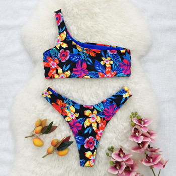 One Shoulder Floral Pattern Triangle Two Pieces Bikini Set Brazilian Bikini Micro Bikini Triquinis