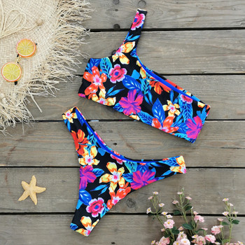 One Shoulder Floral Pattern Triangle Two Pieces Bikini Set Brazilian Bikini Micro Bikini Triquinis