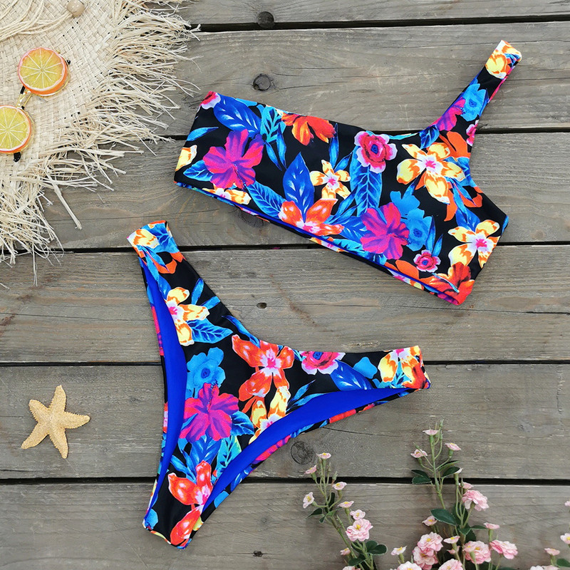 Dvodijelni bikini set s cvjetnim uzorkom na jedno rame, trokut, brazilski bikini mikro bikini triquinis