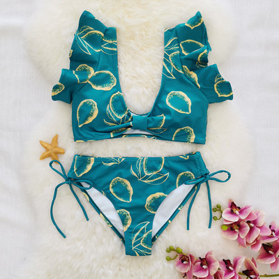 Νέο Bikini Floral Σετ μπικίνι με βολάν Γυναικείο με λαιμόκοψη με λαιμόκοψη δύο τεμαχίων μαγιό για κορίτσι μαγιό παραλίας Μπικίνια