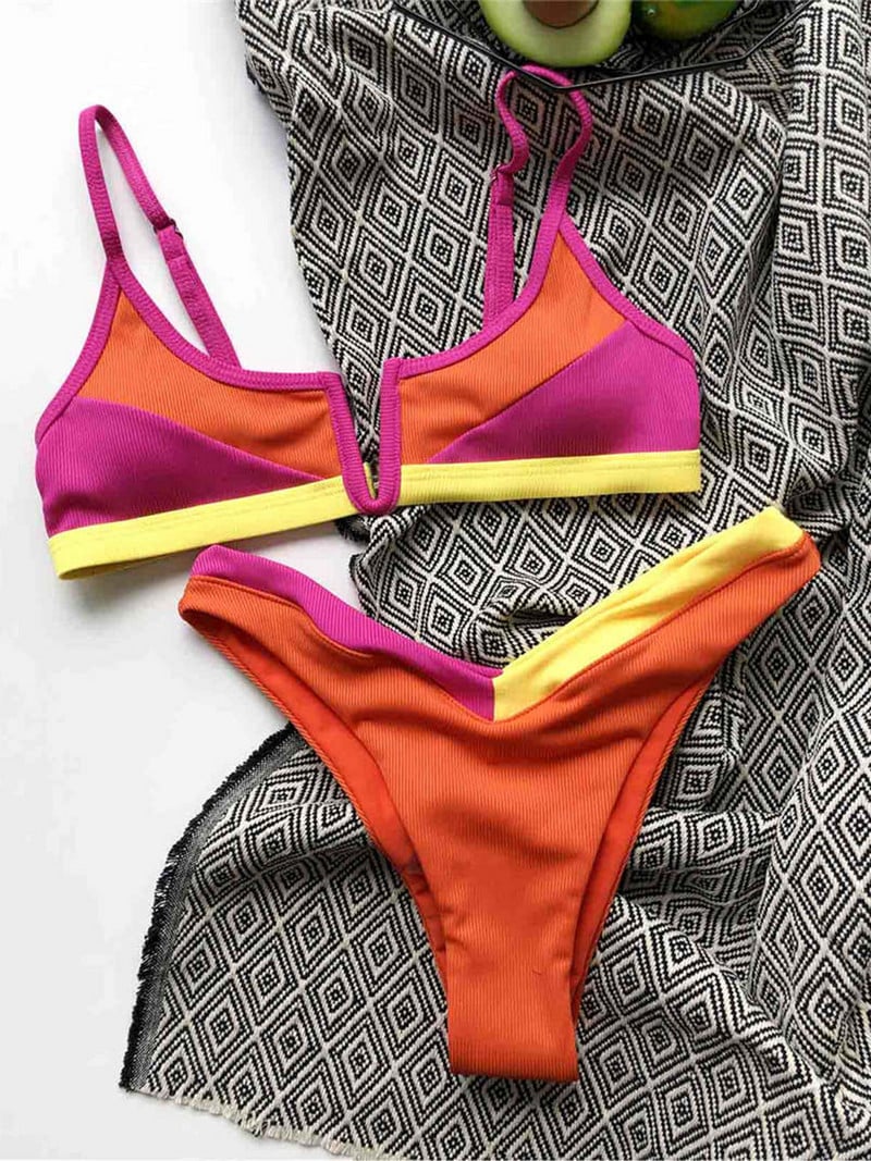 Seksi spojeni bikini u obliku slova V Ženski kupaći kostim Ženski kupaći kostim Dvodijelni bikini komplet srednjeg struka Kupaći kostim Swim Lady V2839