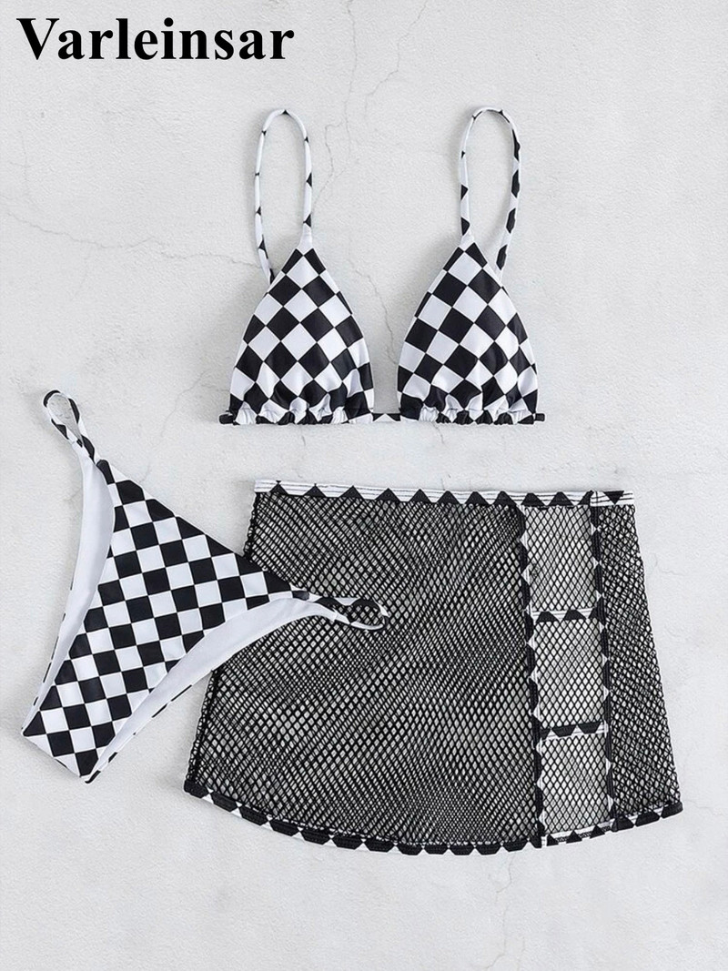 S mrežastom mrežastom prozirnom suknjom Karirani bikini ženski kupaći kostim Ženski kupaći kostim Trodijelni komplet bikinija Kupaći kostim za plivanje V4260