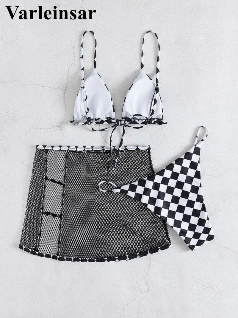 S mrežastom mrežastom prozirnom suknjom Karirani bikini ženski kupaći kostim Ženski kupaći kostim Trodijelni komplet bikinija Kupaći kostim za plivanje V4260